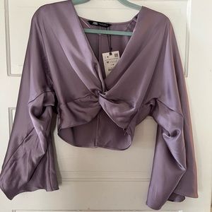 NWT Zara lilac silky crop top with flare sleeves
